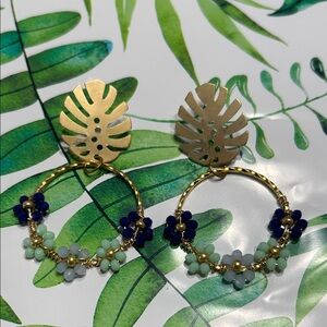 Gold Leaf and Beaded Hoop Earrings